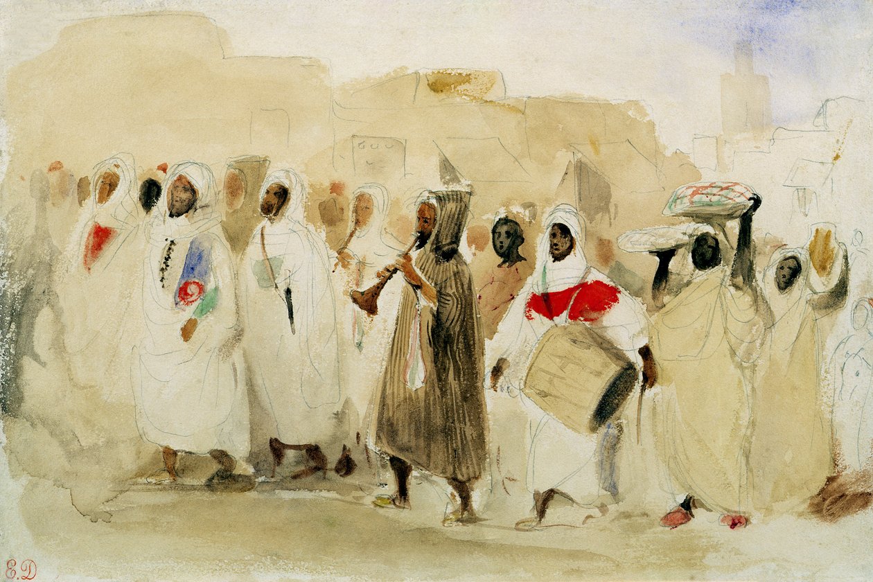 Muusikon kulkue Tangerissa (wc ja kynä paperille) tekijältä Ferdinand Victor Eugene Delacroix
