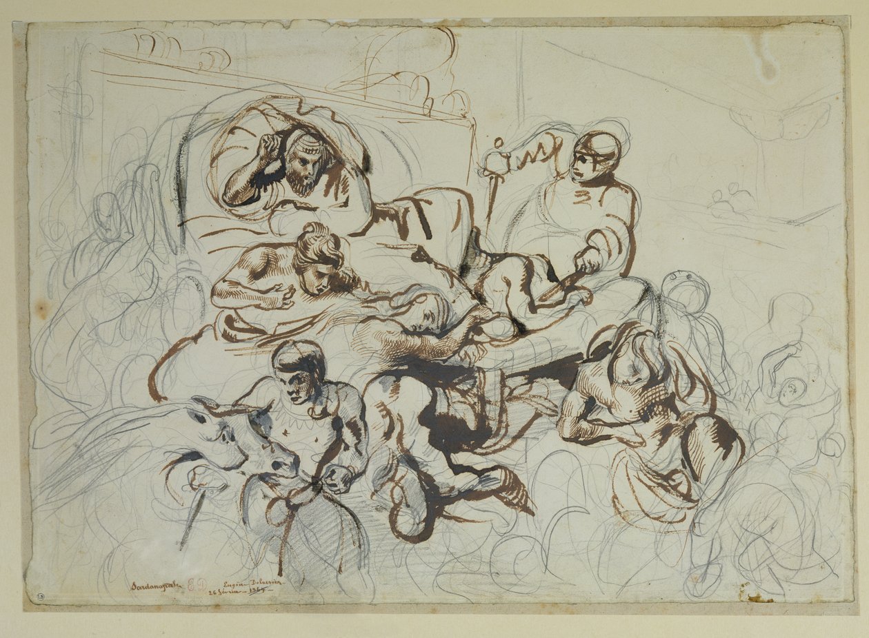 Tutkimus Sardanapalusin kuolemasta, 1864 (kynä ja muste ja grafiitti paperille) tekijältä Ferdinand Victor Eugene Delacroix