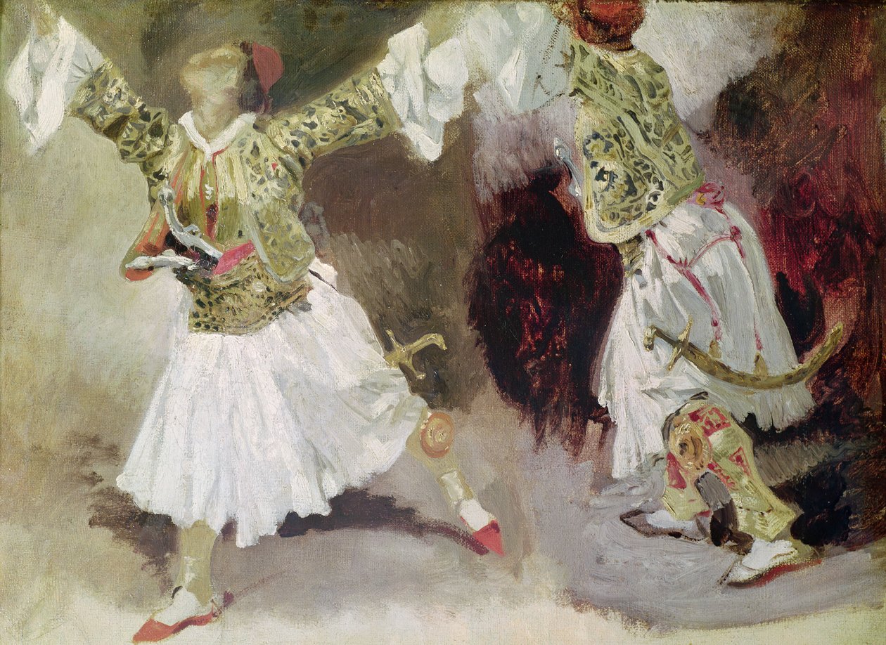 Kaksi kreikkalaista sotilasta tanssimassa (tutkimus soliote-pukusta) tekijältä Ferdinand Victor Eugene Delacroix