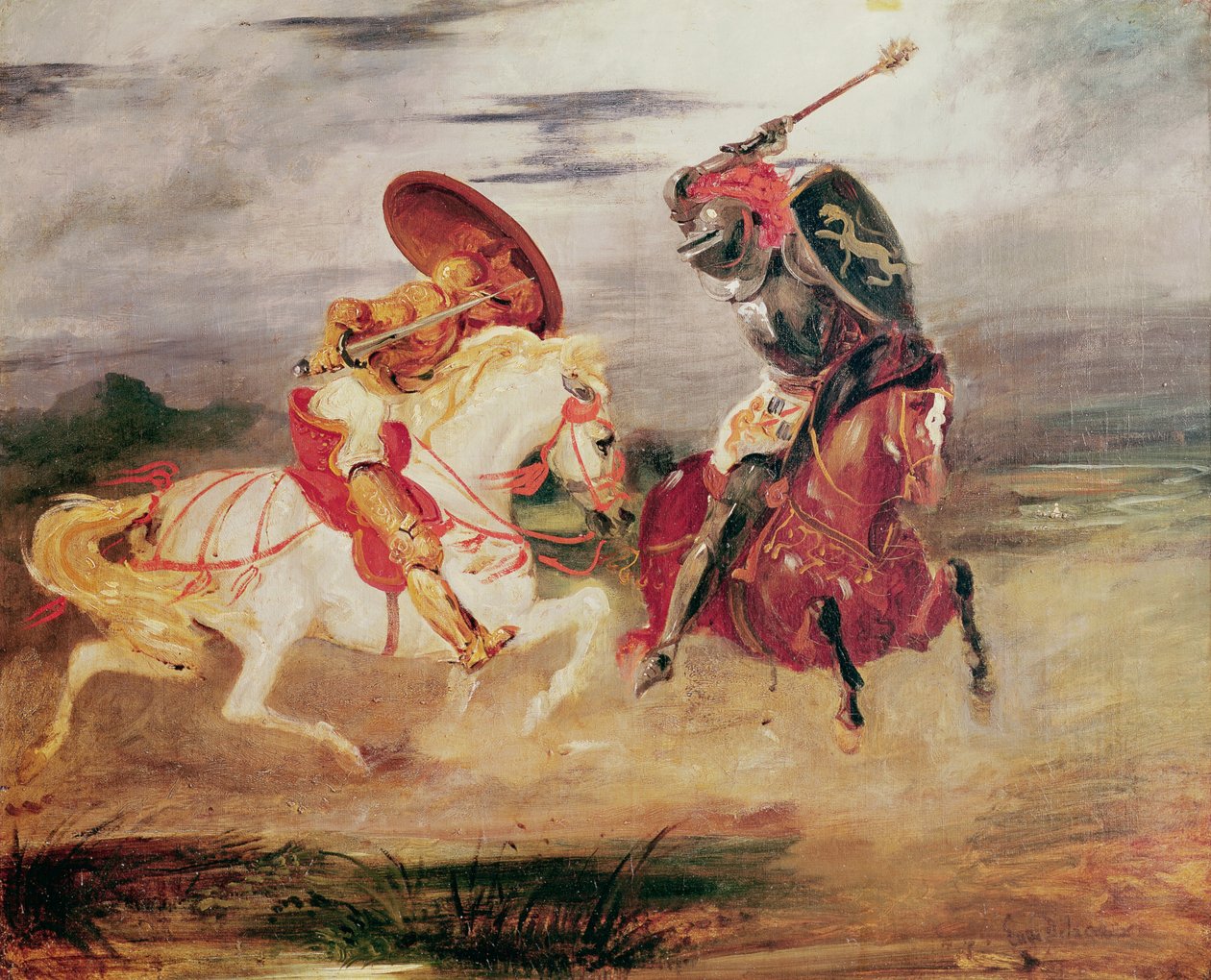 Kaksi ritaria taistelemassa maisemassa, n.1824 tekijältä Ferdinand Victor Eugene Delacroix