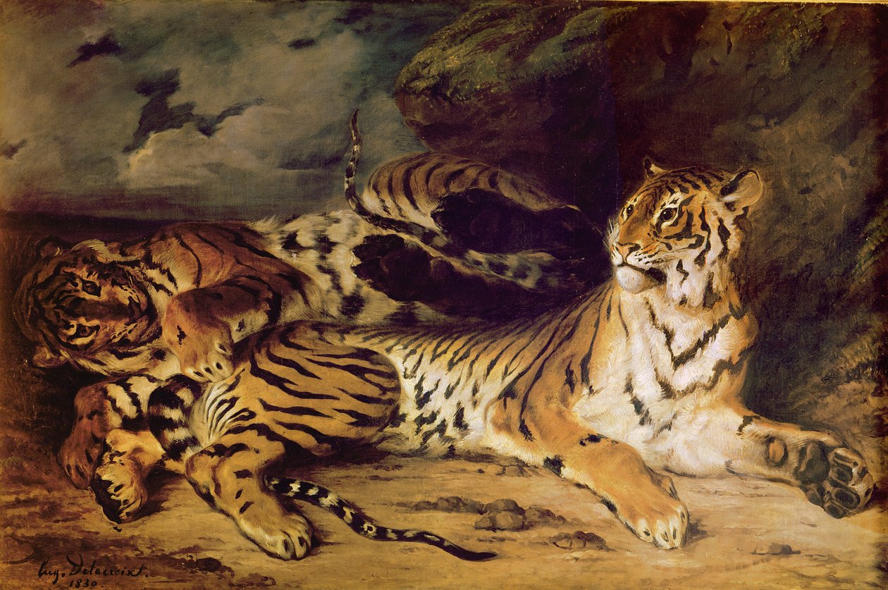 Nuori tiikeri leikkimässä äitinsä kanssa, 1830 tekijältä Ferdinand Victor Eugene Delacroix
