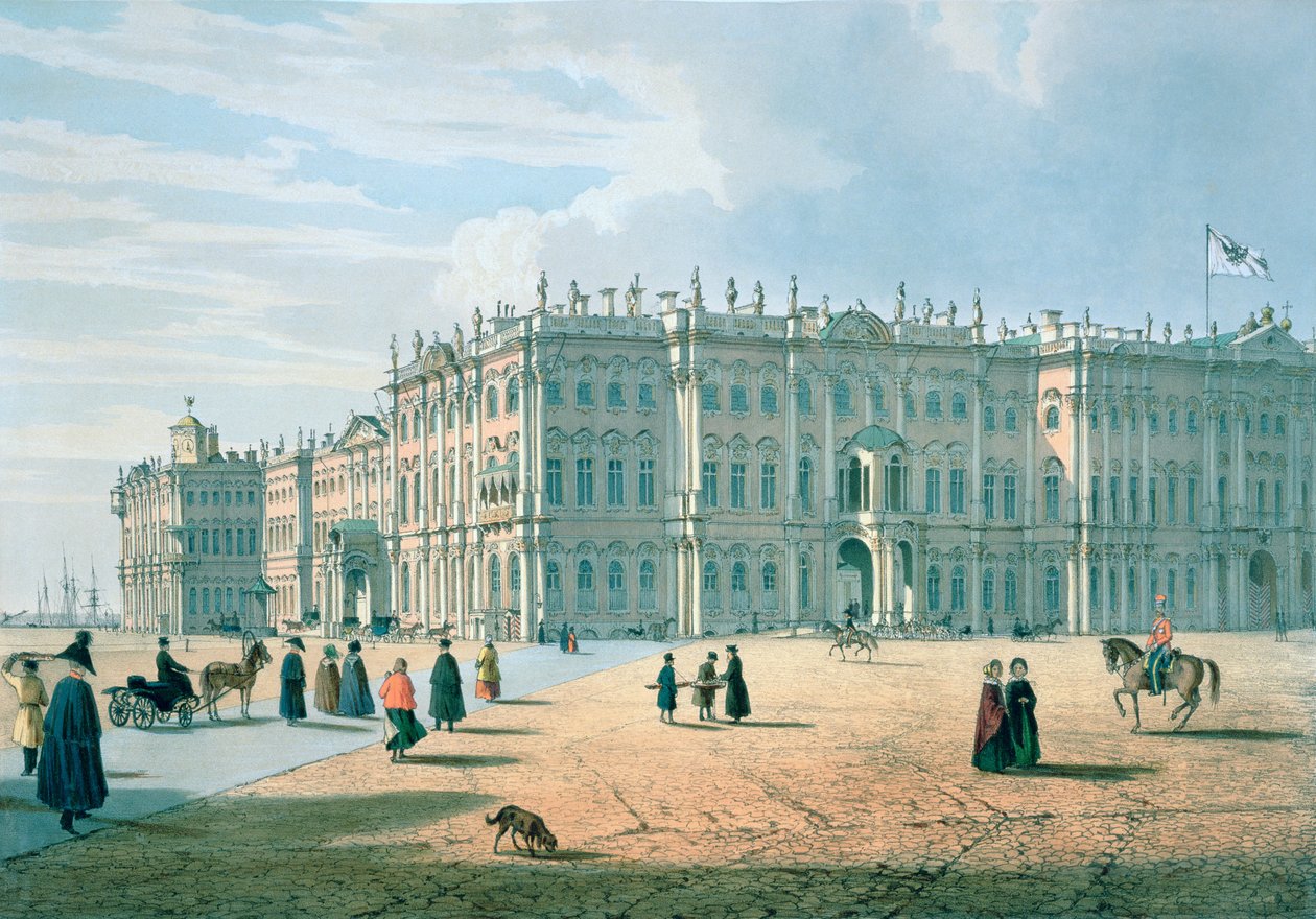 Talvipalatsi nähtynä Palace Passagesta, Pietari, n. 1840 tekijältä Ferdinand Victor Perrot