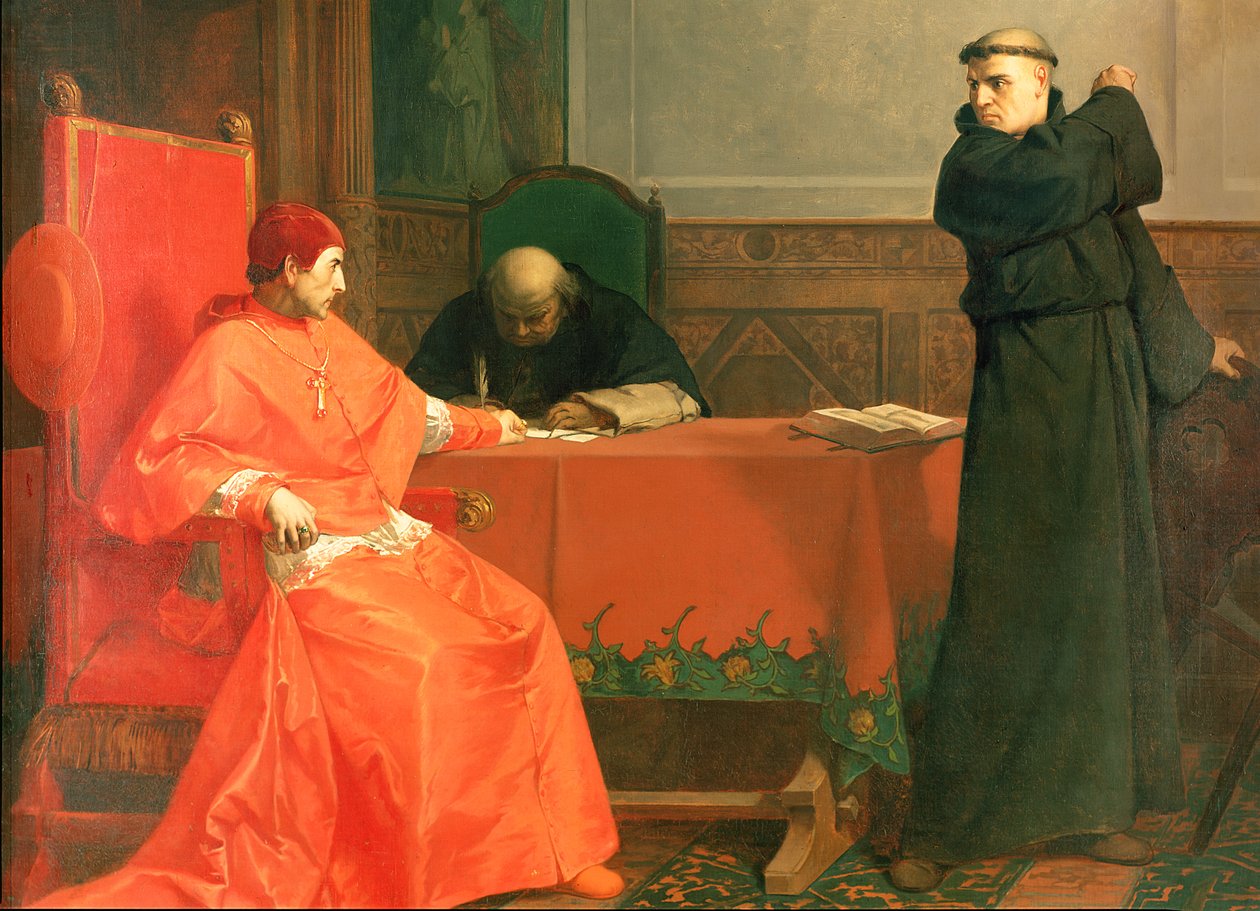 Luther sa harap ni Cardinal Cajetan sa panahon ng kontrobersya ng kanyang 95 Theses, 1870 finn tekijältä Ferdinand Wilhelm Pauwels