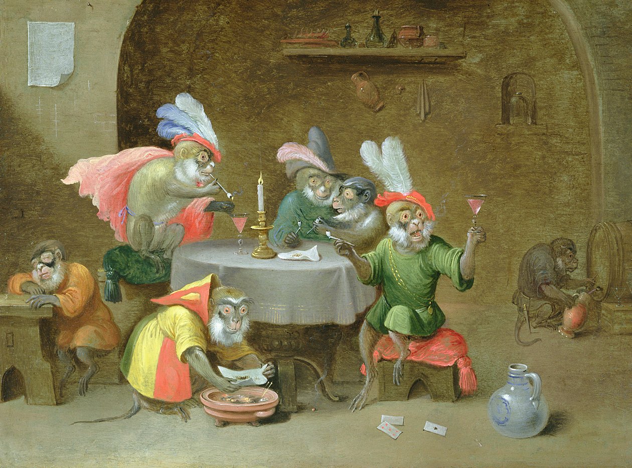 Taverna, jossa apinat juovat ja tupakoivat (öljy kuparilla) tekijältä Ferdinand van Kessel