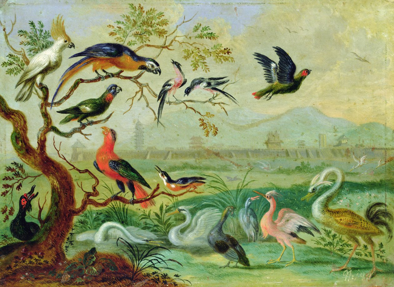 Neljän mantereen linnut maisemassa, taustalla näkymä Pekingiin (öljy kuparille). tekijältä Ferdinand van Kessel