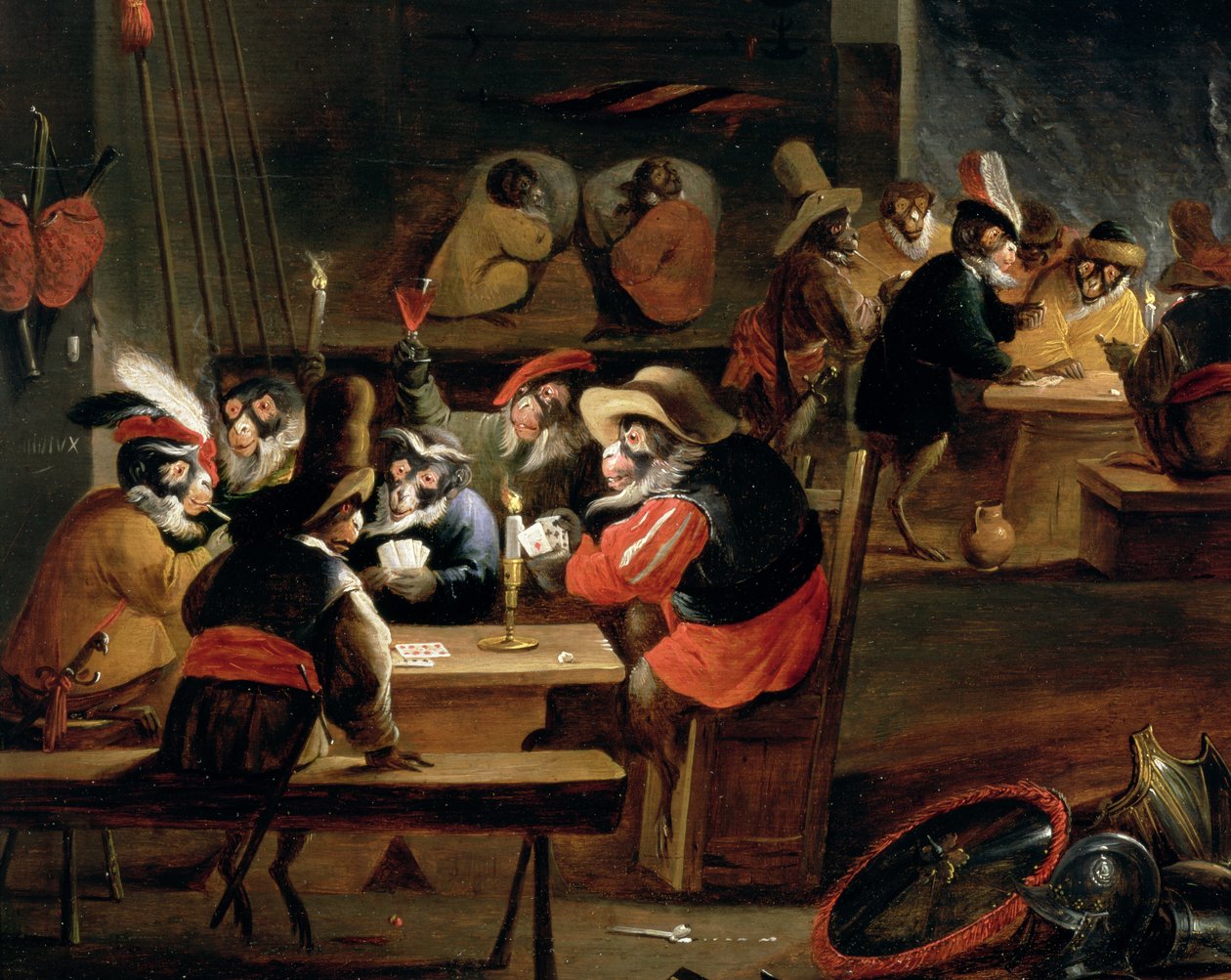 Apinat tavernassa, yksityiskohta korttipelistä (64505:n yksityiskohta) tekijältä Ferdinand van Kessel