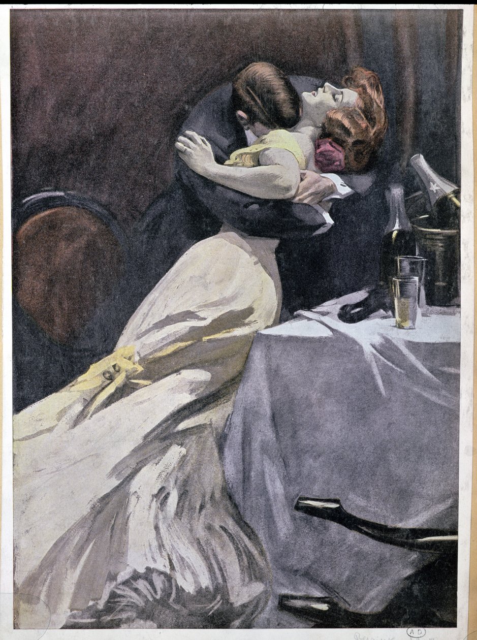 "Tuhoa se, mistä pidät intohimossasi paitsi pukuani", pariskunta halaa samppanjan juomisen jälkeen, 1909 tekijältä Ferdinand von Reznicek
