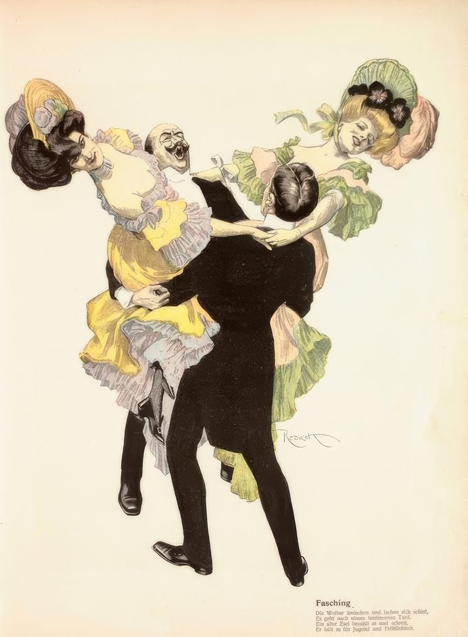 Fasching. / (…) Ein alter Esel bezahlt es und schreit, / Er hält es für Jugend und Fröhlichkeit. tekijältä Ferdinand von Reznicek