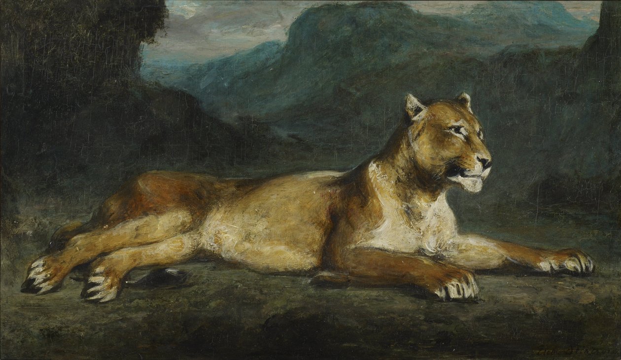 Makuuasennossa oleva leijona tekijältä Ferdinand Victor Eugene Delacroix