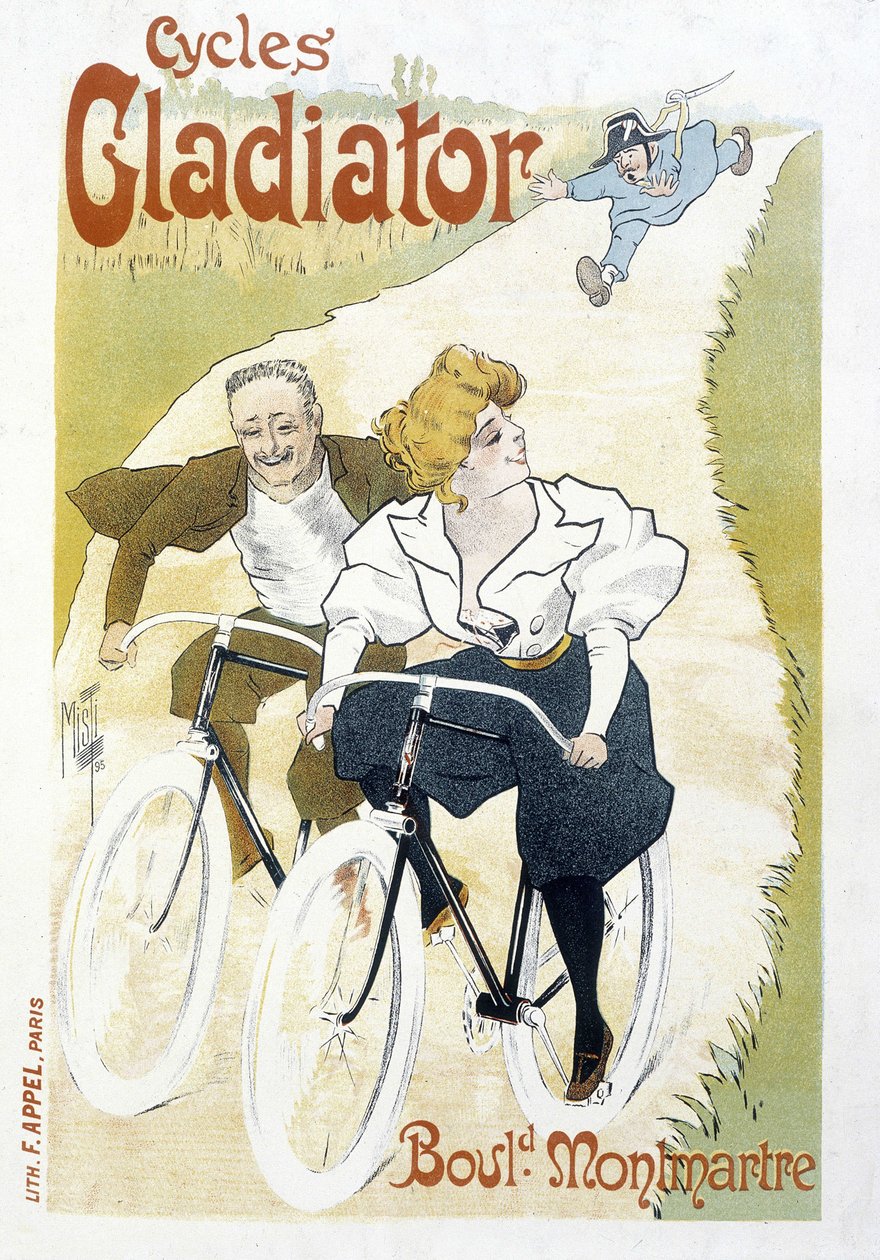 Konstaapelin jahtaama pyöräpari – Gladiaattoripyörien mainos, kirjoittaja Misti, v.1895 tekijältä Ferdinand  Misti Mifliez