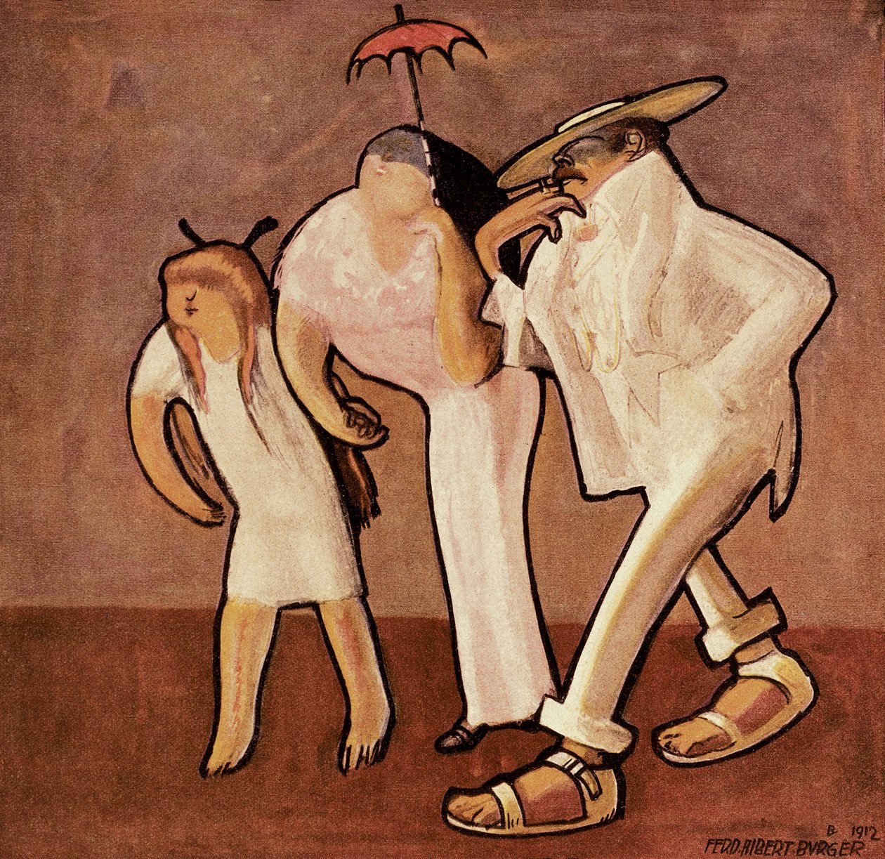 Amerikkalaisia turisteja Nizzassa, karikatyyri amerikkalaisesta perheestä, julkaistu Jugend-lehdessä. tekijältä Ferdinand Albert Burger