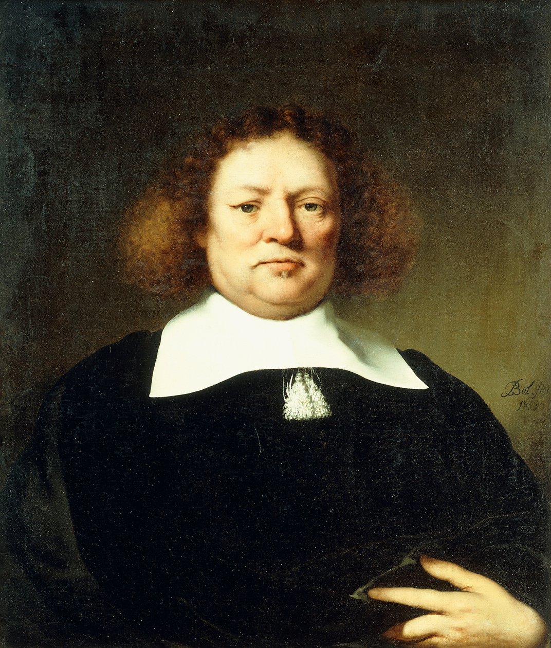 Herra Hebdonille sanottu herrasmiehen muotokuva, puolipitkä, yllään musta puku ja valkoinen kaulus, 1659 tekijältä Ferdinand Bol