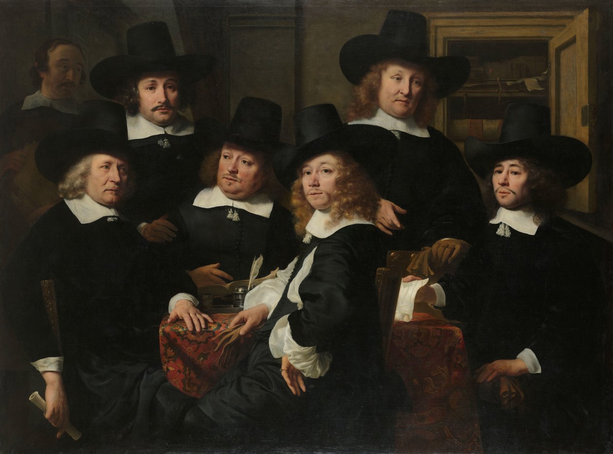 Kuusi valtionhoitajaa ja helmi Nieuw Zijds -instituutista köyhien ulkona auttamiseksi, Amsterdam, 1657 tekijältä Ferdinand Bol