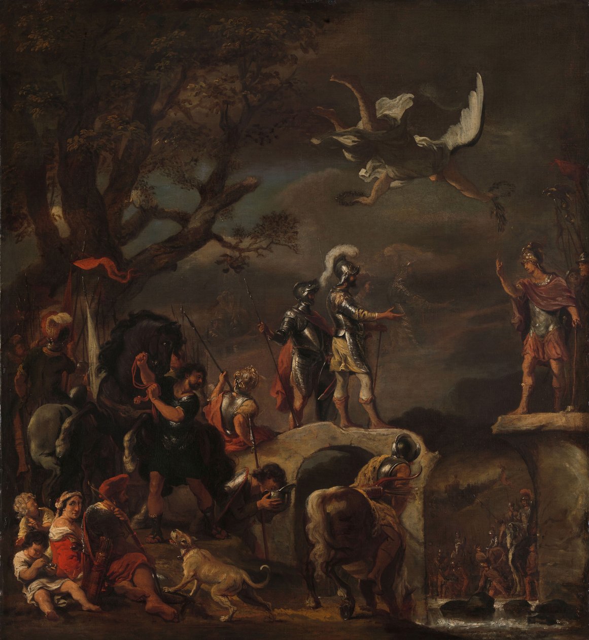 Rauhanneuvottelut Claudius Civilisin ja Quintus Petillius Cerealisin välillä puretulla sillalla, 1658-62 tekijältä Ferdinand Bol