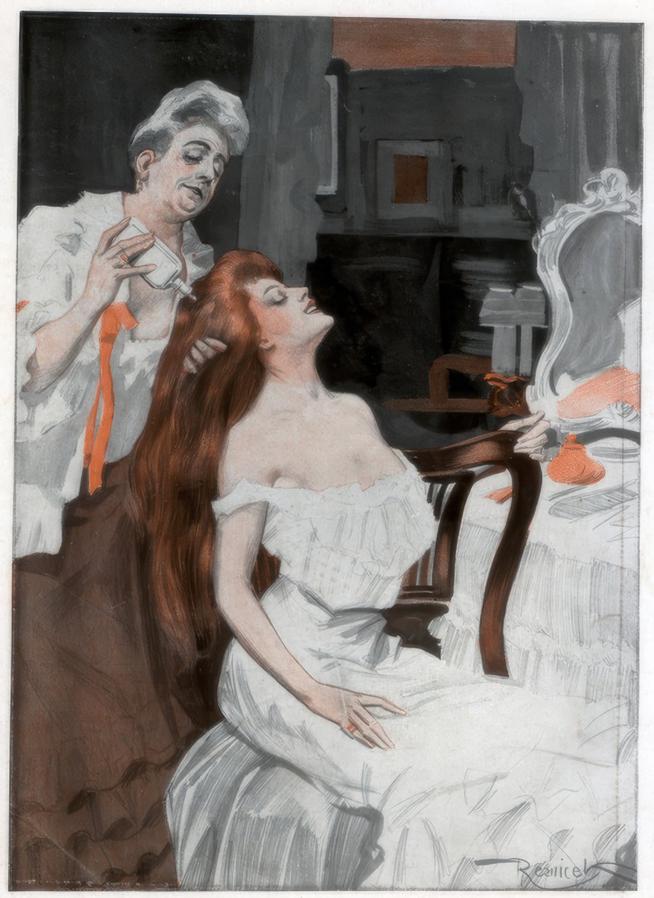 Nainen hoitamassa hiuksensa, 1800-luvun loppu - 1900-luvun alku tekijältä Ferdinand Freih van Reznicek