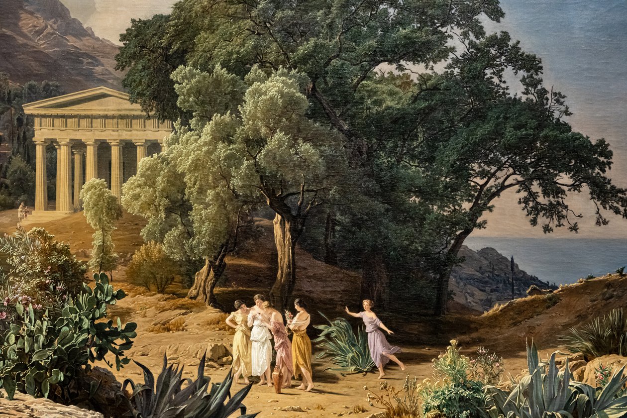 Doric temppeli, taustalla Castelmola ja Taormina tekijältä Ferdinand Georg Waldmuller
