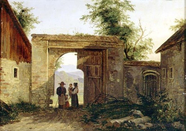 Tilapiha talonpoikien kanssa portissa tekijältä Ferdinand Georg Waldmuller