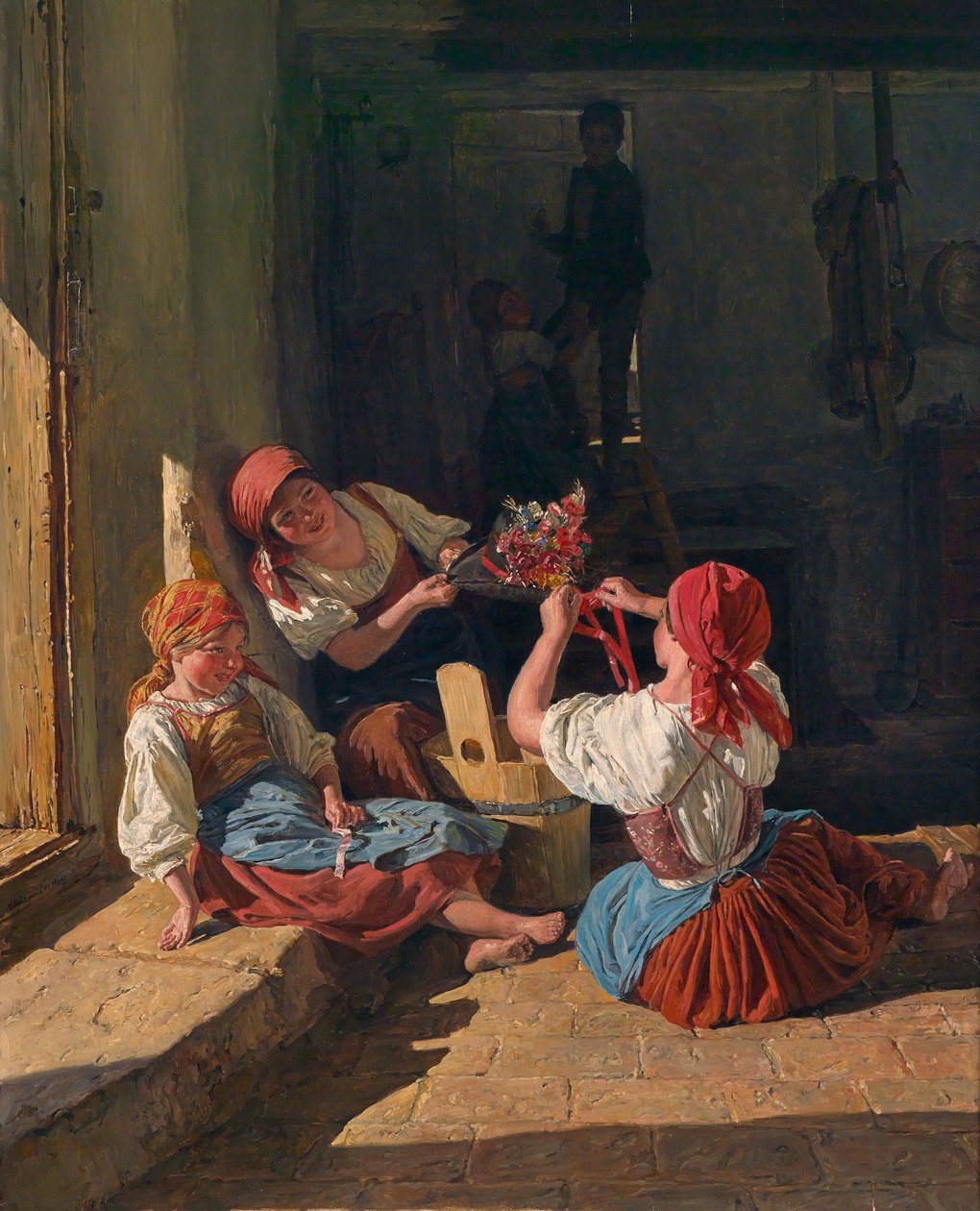 Lapset koristelemassa varusmiesten hattua, 1854 tekijältä Ferdinand Georg Waldmuller