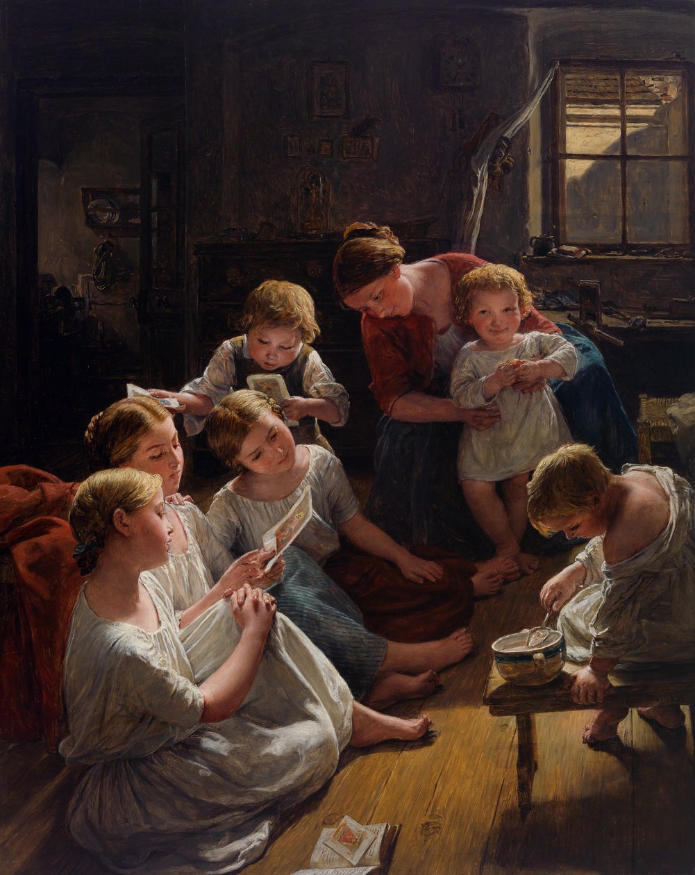 Des enfants, au matin, respectant des images - Lapset aamulla katsomassa kuvia, kirjoittanut Waldmuller, Ferdinand Georg (1793-1865). Öljy puulle tekijältä Ferdinand Georg Waldmuller