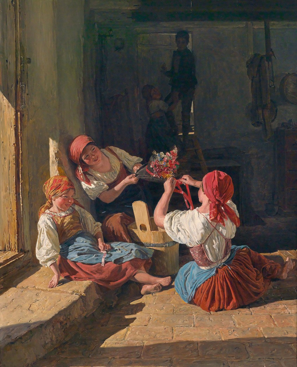 Lapset koristelemassa varusmiehen hattua. Maalaus Ferdinand Georg Waldmuller (1793-1865), öljy puulle tekijältä Ferdinand Georg Waldmuller