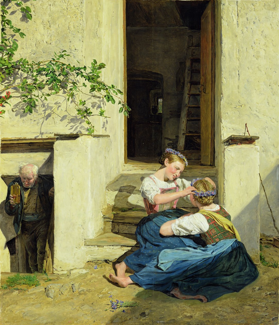 Tytöt tekevät seppeleitä, 1846 tekijältä Ferdinand Georg Waldmuller