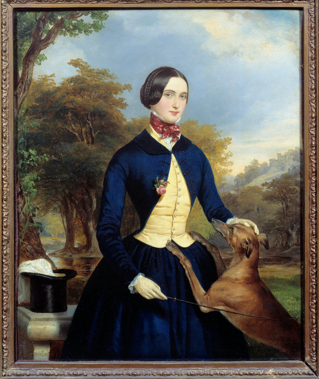 Muotokuva naisesta Amazonissa koiransa kanssa. Ferdinand Waldmullerin (1793-1865) maalaus Ec. Aut tekijältä Ferdinand Georg Waldmuller