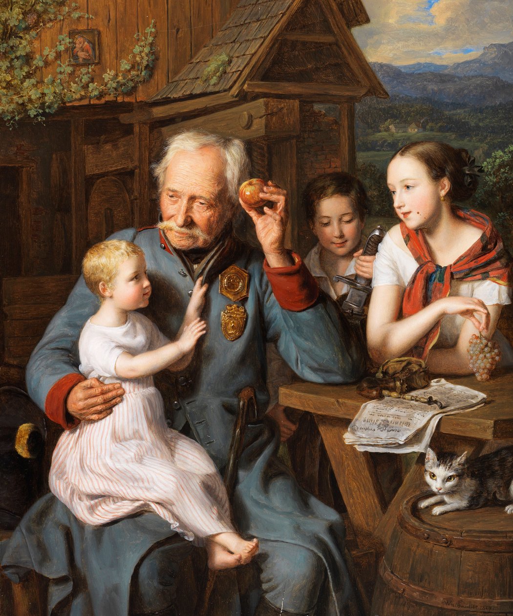 Vanha vammainen lasten kanssa - Vanha invalidi lasten kanssa, Waldmueller, Ferdinand Georg (1793-1865). öljy puulle tekijältä Ferdinand Georg Waldmuller
