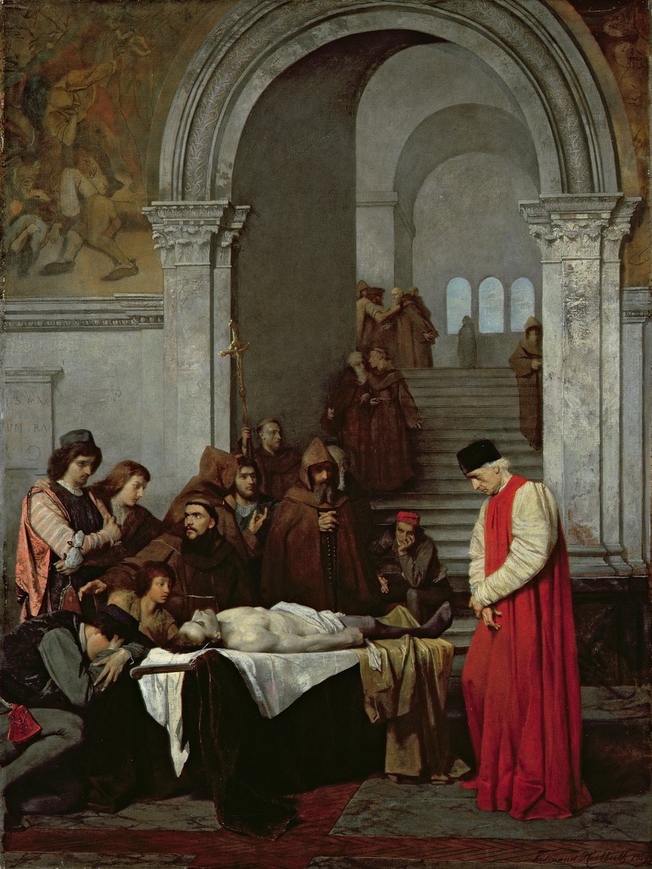Taidemaalari Luca Signorelli seisomassa kilpailijansa kuolleen poikansa ruumiin luona, 1859 tekijältä Ferdinand Heilbuth