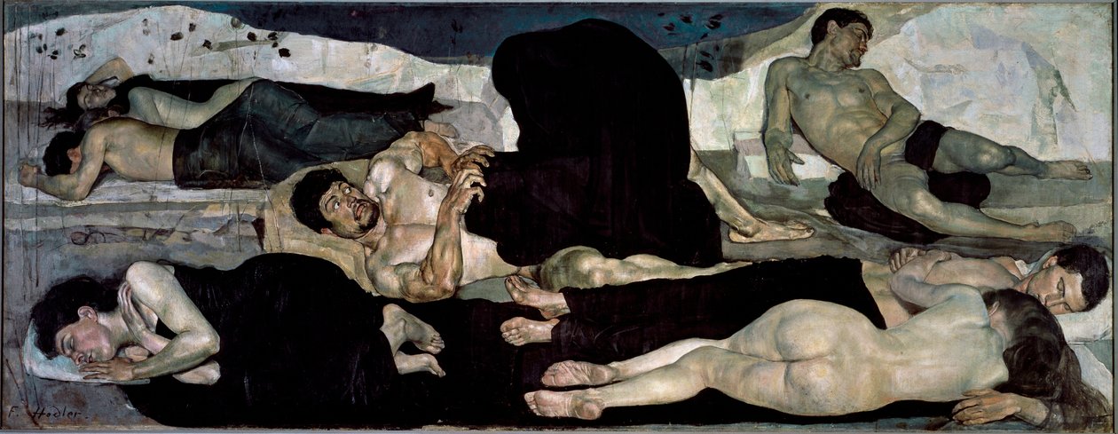 Yöllä Ryhmä alastomia nukkujia, yksi heistä keskellä painajaista tekijältä Ferdinand Hodler