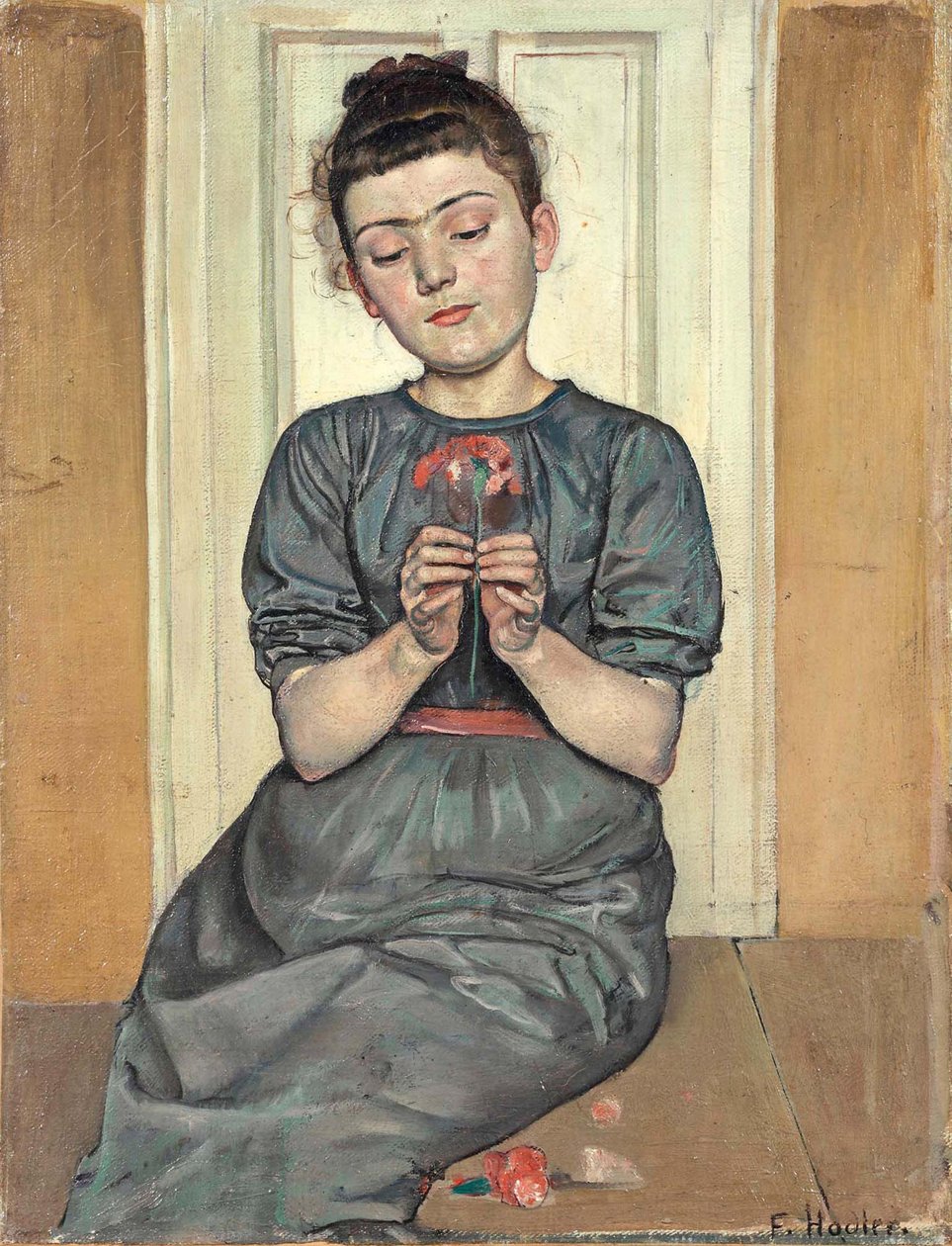 Tyttö asettelemassa kukkia Tyttö neilikka, c. 1886 tekijältä Ferdinand Hodler