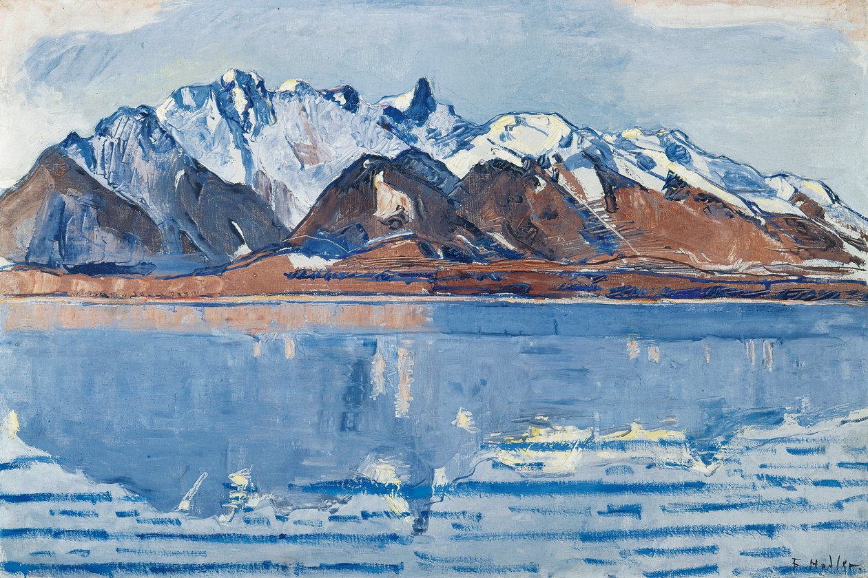 Thun-järvi Stockhornin vuoriston kanssa, n. 1913. tekijältä Ferdinand Hodler