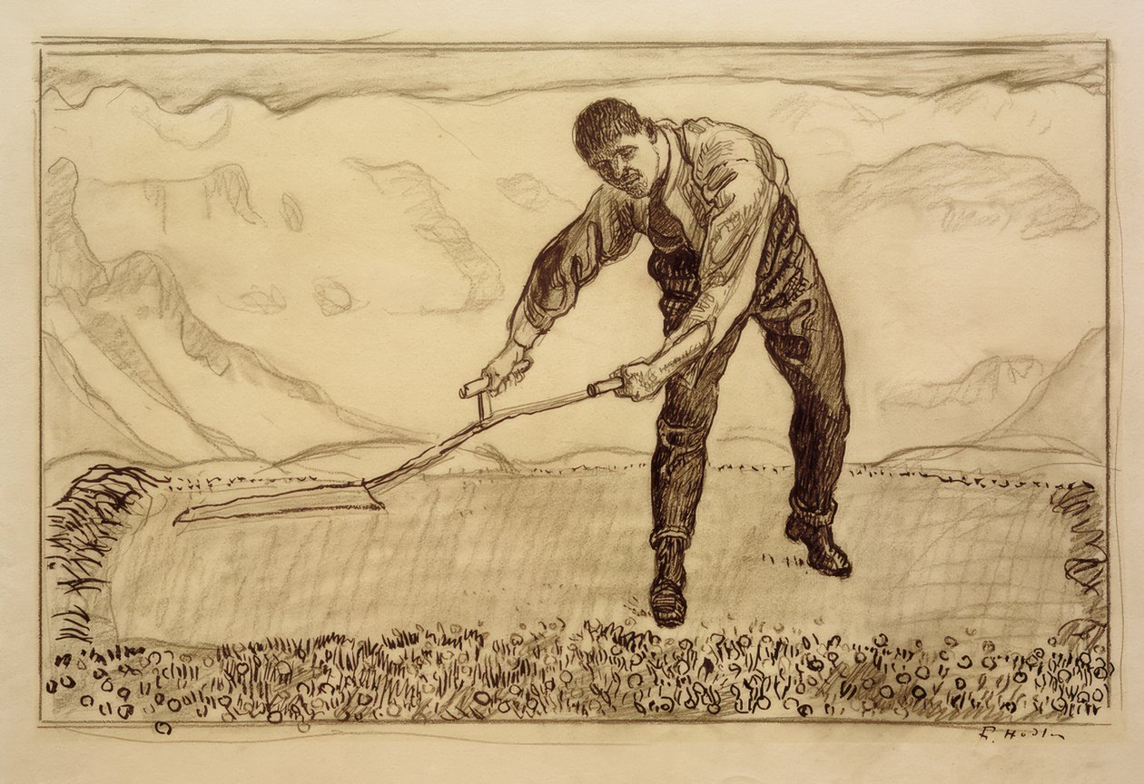 Ruohonleikkuri pellolla tekijältä Ferdinand Hodler