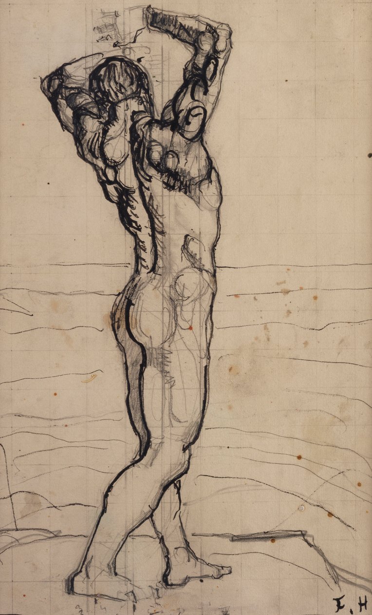 Male Act, Study for the Truth, n. 1901-02 (kynä ja intialainen muste paperille) tekijältä Ferdinand Hodler