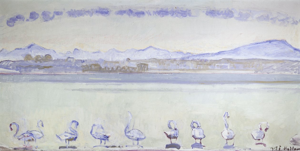 Yhdeksän joutsenta vuoristoisen maiseman edessä; Geneven satama, yhdeksän joutsenta Quai du Mont Blancilta, 1915 tekijältä Ferdinand Hodler