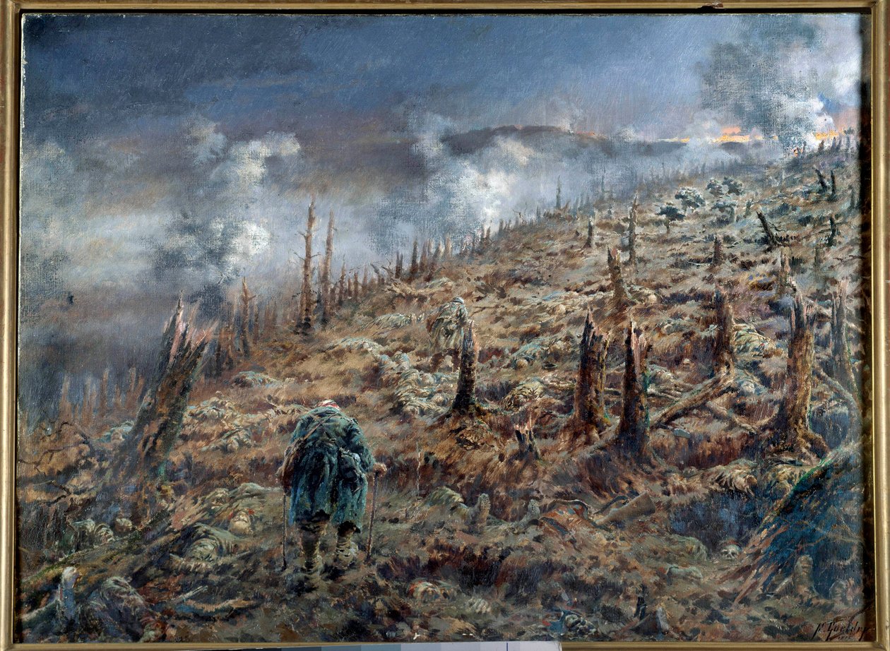 Ensimmäinen maailmansota (1914-1918): "Kuoleman rotko Verdunissa" Raunioiden ja tuhkan maisema taistelun jälkeen. Ferdinand Joseph Gueldryn (1858-1945) maalaus 1916 Pariisi. Kahden maailmansodan museo tekijältä Ferdinand Joseph Gueldry