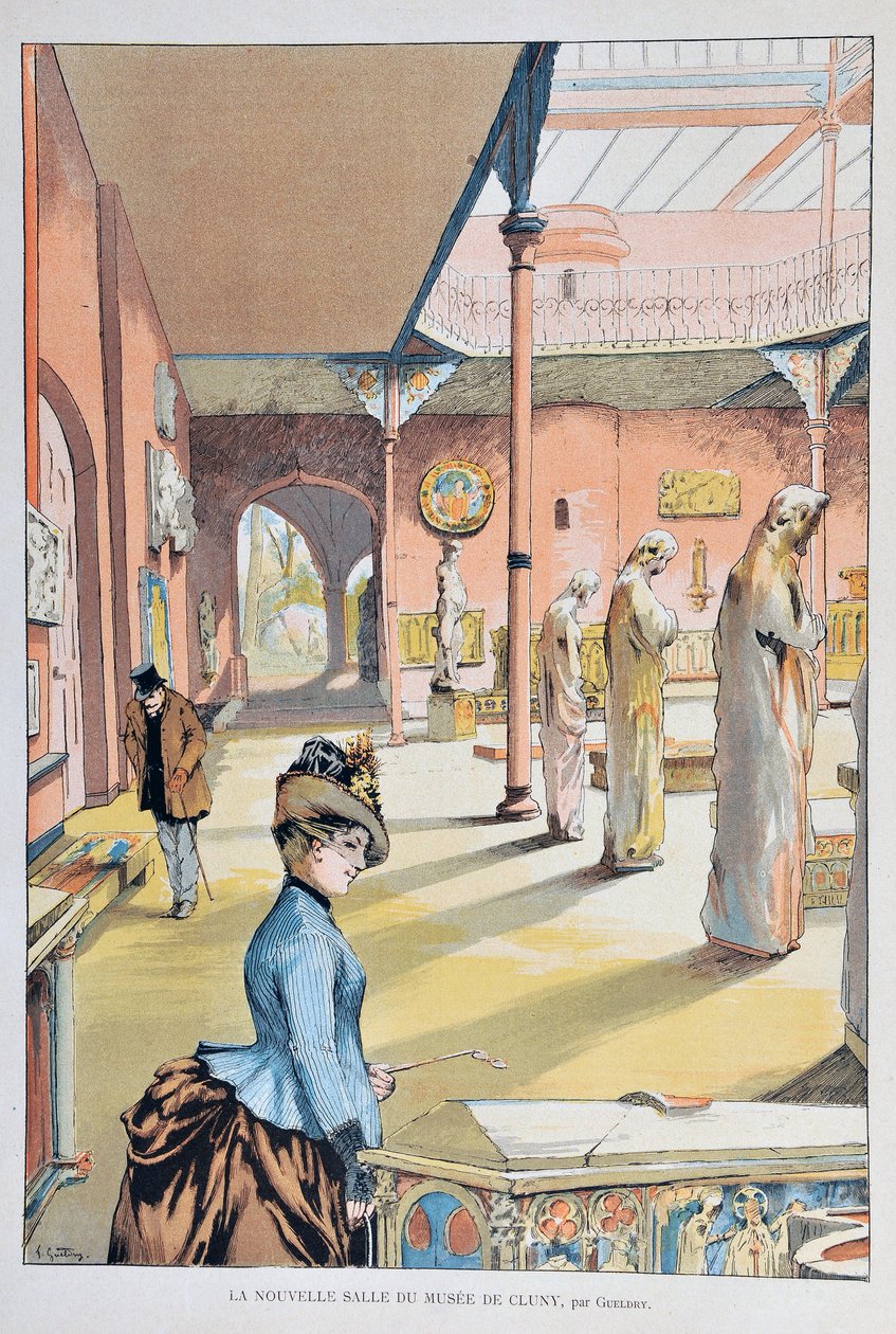 Pariisin Clunyn keskiajan museon uusi huone 1887, Ferdinand Joseph GUELDRY (1858-1945) Kaiverrus vuodelta 1887 “Paris-Illustrous Journal Weeklyssä” tekijältä Ferdinand Joseph Gueldry