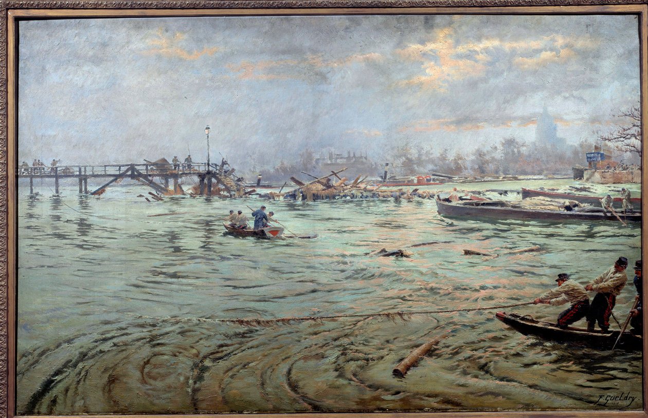 Näkymä sillalle ja Estacaden pengerrelle Pariisissa vuoden 1910 suuren tulvan aikana. Ferdinand Joseph Gueldryn (1858-1945) maalaus 1910. Paris, Musee Carnavalet. Varovainen! Tämän teoksen käyttö voi edellyttää kolmannen osapuolen lupapyyntöä tai tekijältä Ferdinand Joseph Gueldry