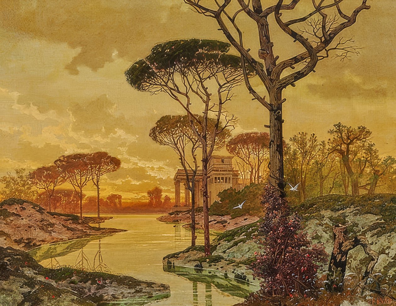 Iltamaisema joen varrella ja antiikkihuvila. 1901 tekijältä Ferdinand Knab
