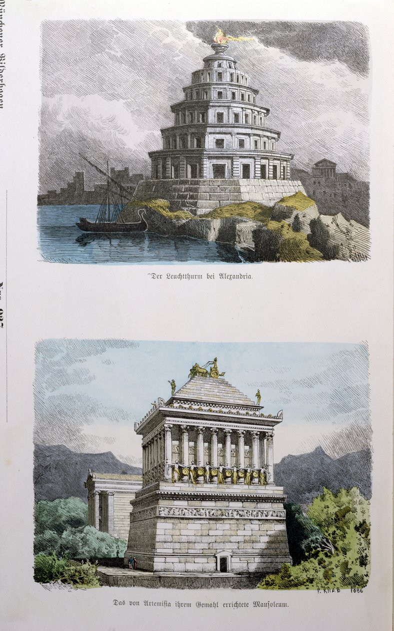 Aleksandrian suuri majakka ja mausoleumi Halikarnassoksessa, "Maailman seitsemän ihmeen" sarjasta, joka julkaistiin Munchener Bilderbogenissa, 1886 tekijältä Ferdinand Knab