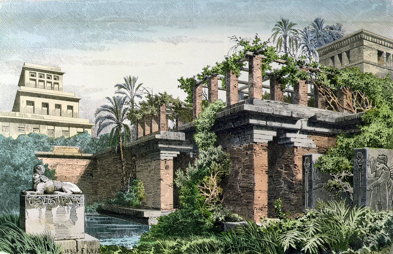 The Hanging Gardens of the Babylon, "Seitsemän maailman ihmettä" -sarjasta, joka julkaistiin Munchener Bilderbogenissa, 1886 tekijältä Ferdinand Knab