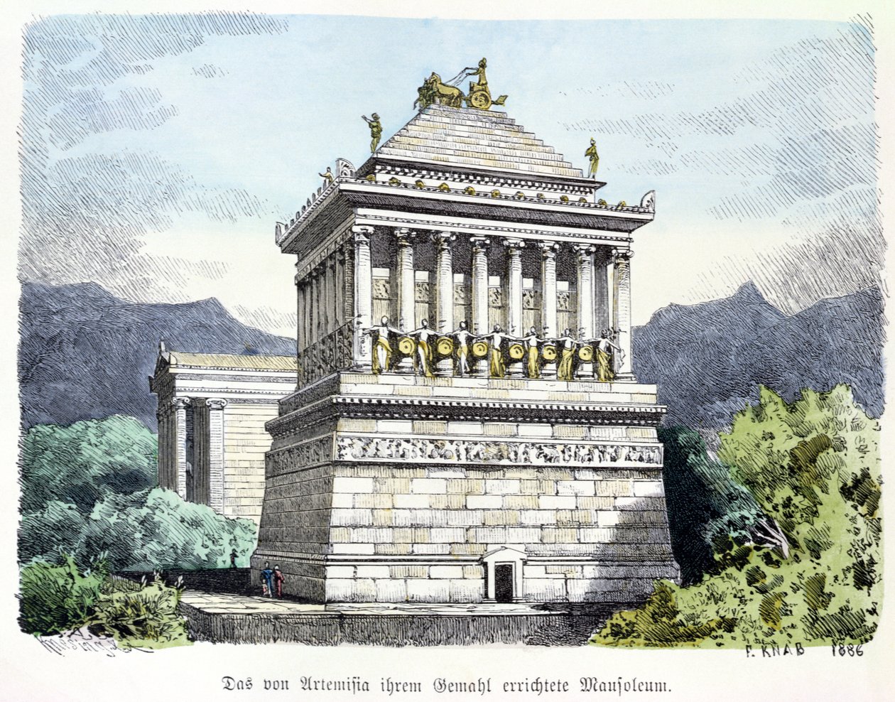 Halikarnassoksen mausoleumi Muinaisen maailman seitsemän ihmeen sarjasta, joka on julkaistu Munchener Bilderbogenissa. 1886 (värikaiverrus) tekijältä Ferdinand Knab