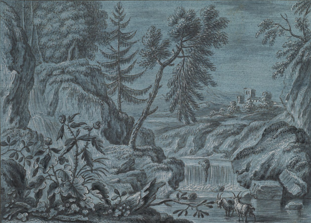 Eteläinen maisema, jossa on vesiputous ja vuohia, 1700-luvun loppu. tekijältä Ferdinand Kobell.