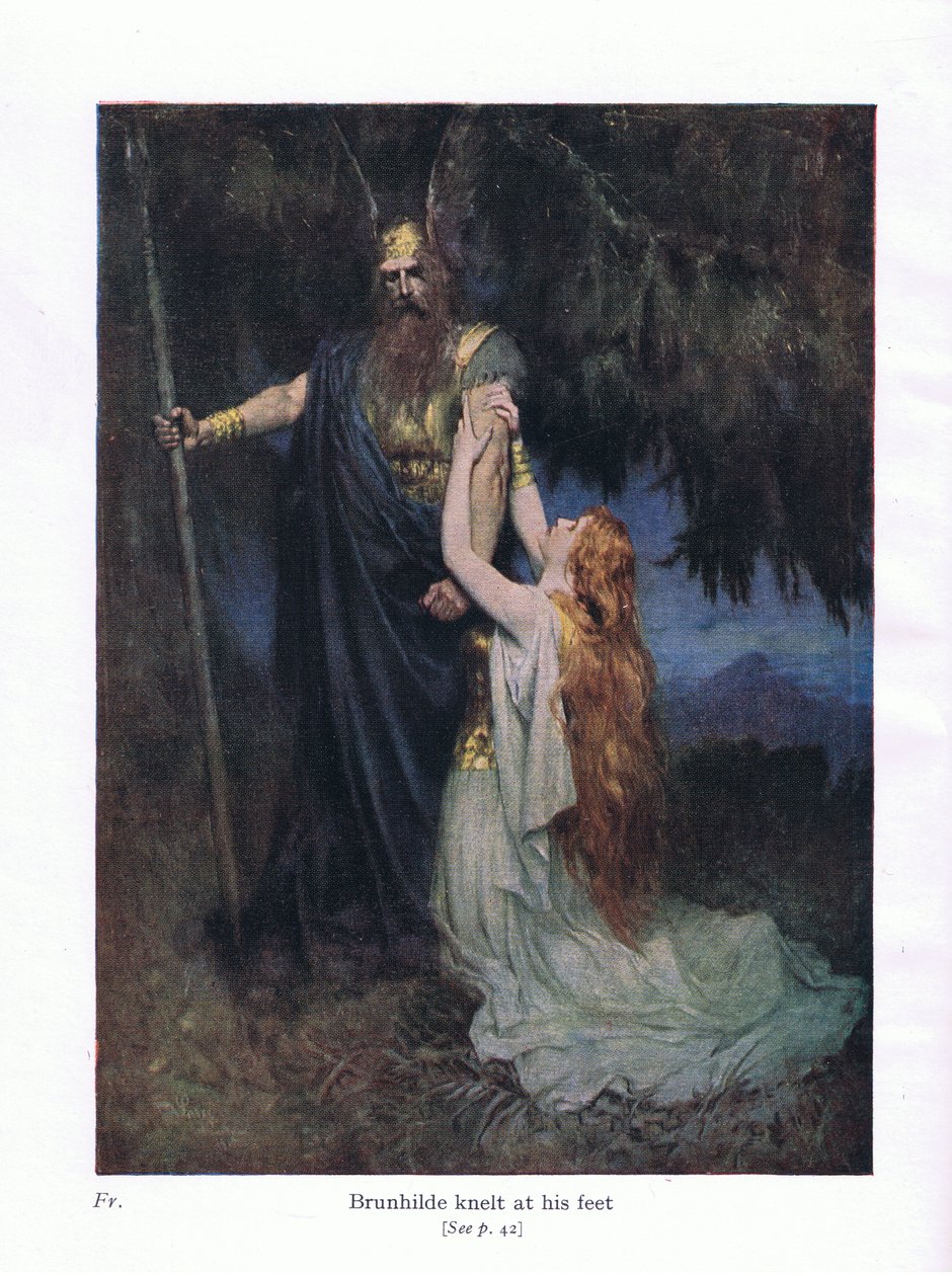 Brunhilde polvistuu hänen jalkojensa juureen, kuvitus teoksesta The Stories of Wagners Operas pub. by George Harrap & Co Ltd 1932. tekijältä Ferdinand Lecke