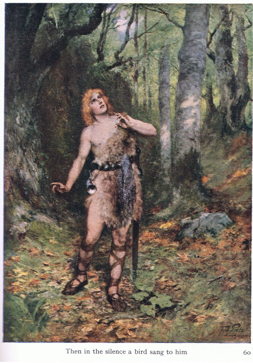 Sitten hiljaisuudessa lintu lauloi hänelle, kuva Wagners Operas -pubista. kirjoittanut George Harrap & Co Ltd 1932 tekijältä Ferdinand Lecke