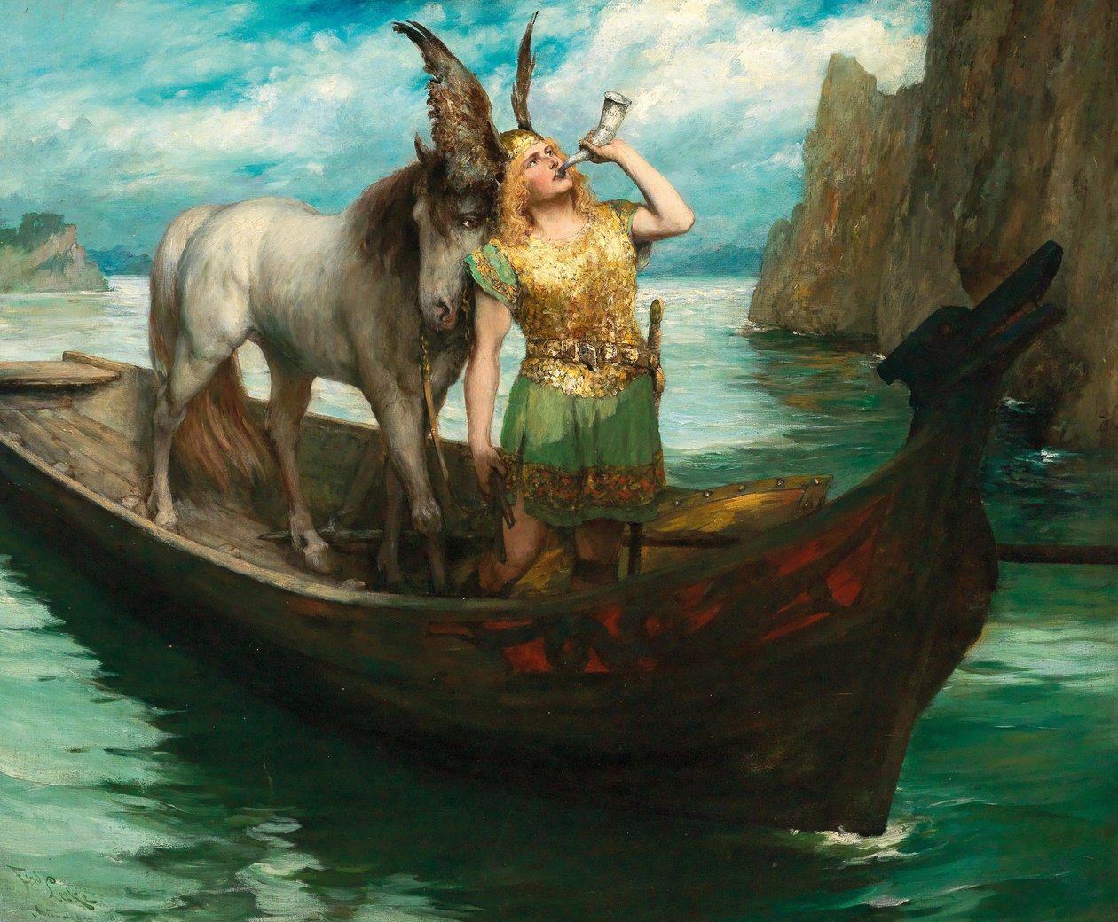 Siegfriedin matka Reinille. Jumalien hämärä. Laulaja Hubert Leuer Siegfriedinä, 1908. tekijältä Ferdinand Leeke