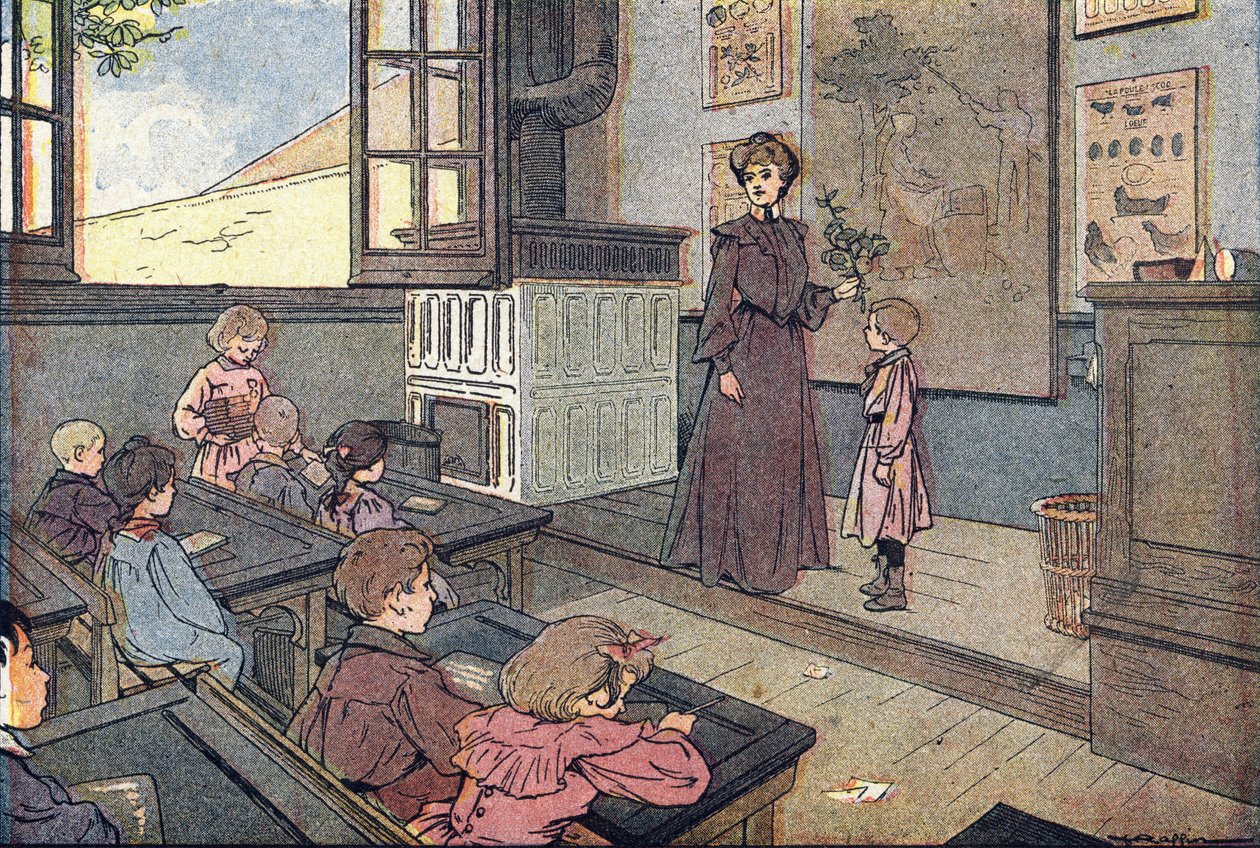 Luokassa, lapsuuden kuvakirjassa, n.1900 (kaiverrus) tekijältä Ferdinand Raffin