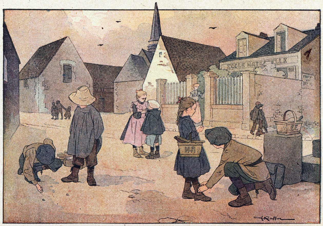 Koulun ulkopuolella, lapsuuden kuvakirjassa, n. 1900 (kaiverrus) tekijältä Ferdinand Raffin