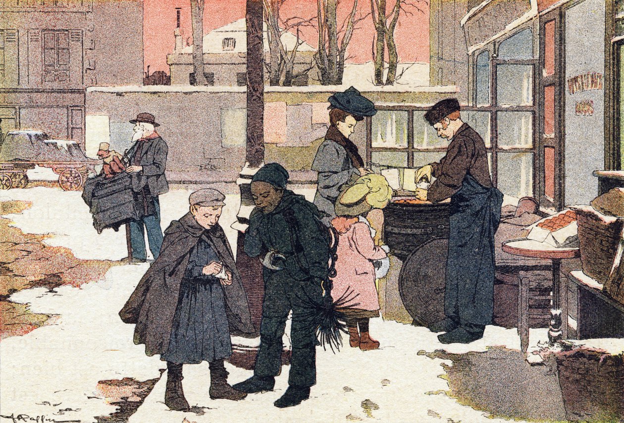 Kastanjakauppias, Lapsuuden kuvakirjassa, n.1900 (kaiverrus) tekijältä Ferdinand Raffin