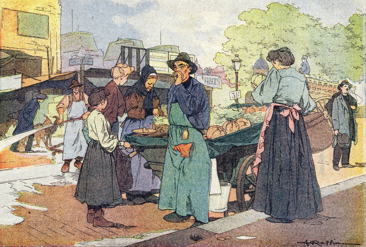 Neljän vuodenajan kauppias, lapsuuden kuvakirjassa, n. 1900 (kaiverrus) tekijältä Ferdinand Raffin
