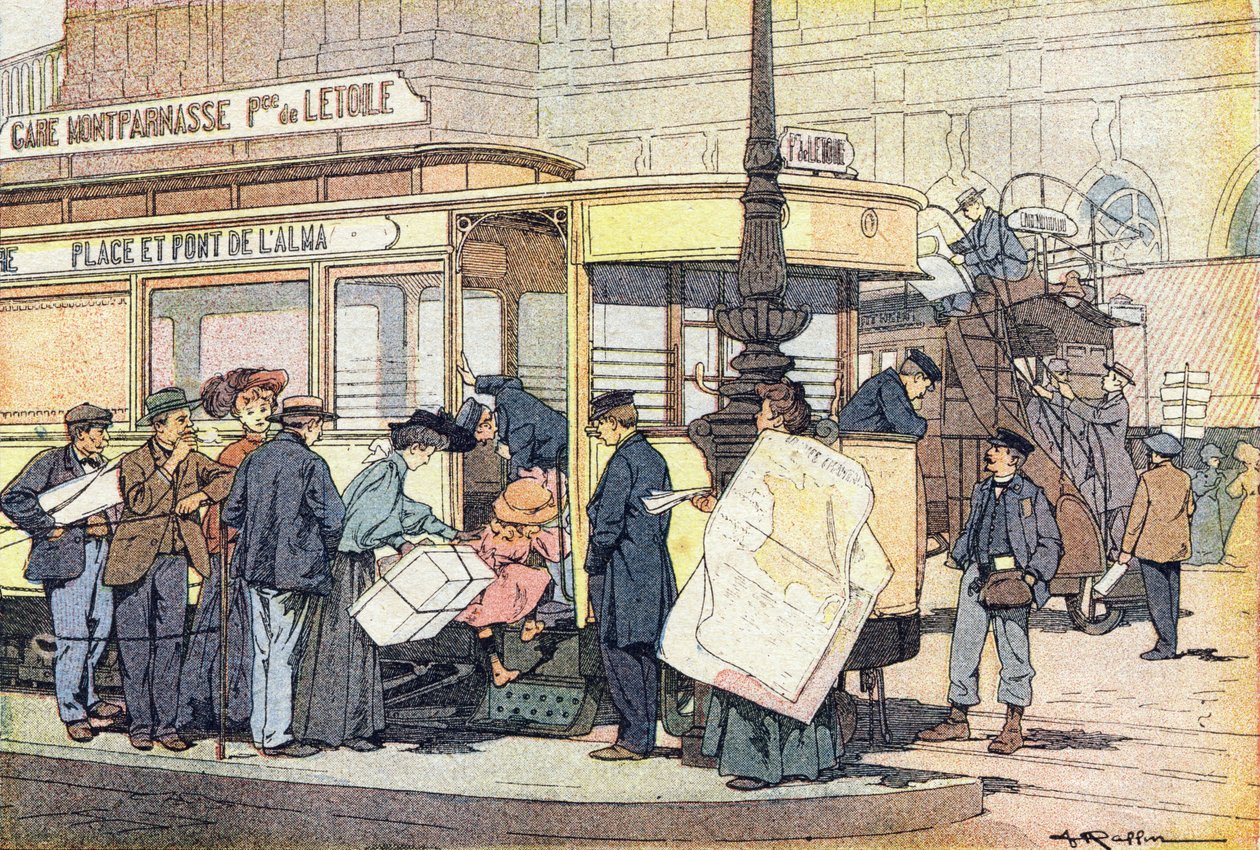 Raitiovaunu, lapsuuden kuvakirjassa, n. 1900 (kaiverrus) tekijältä Ferdinand Raffin